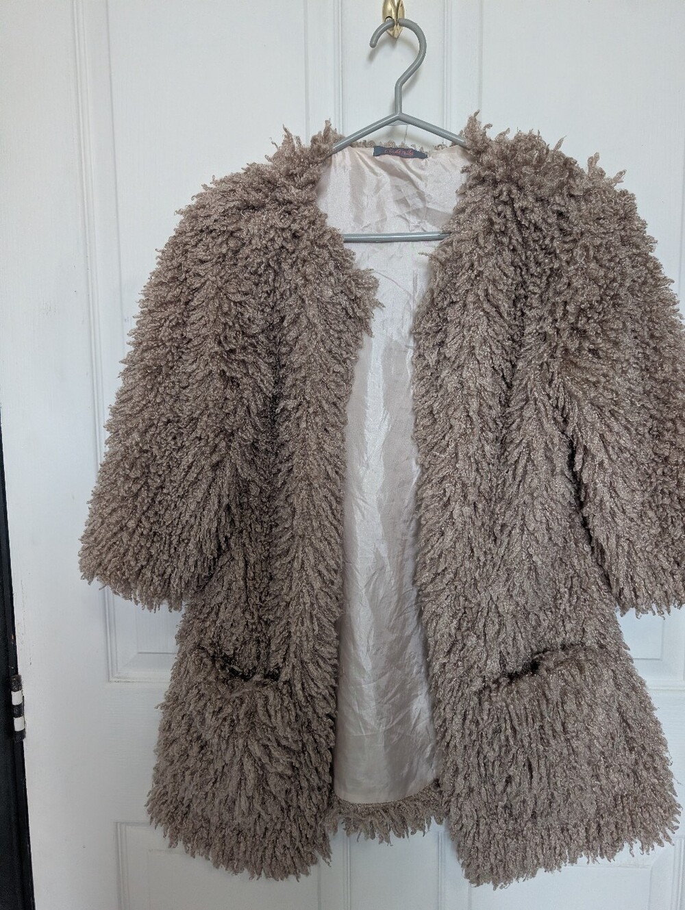 Taupe Faux Shearling Open Front Coat 90s Y2K